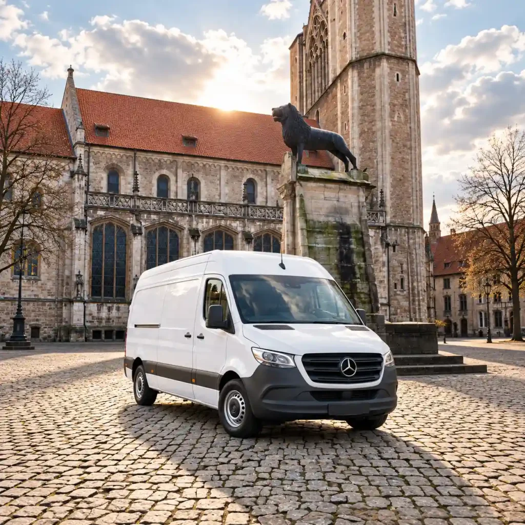 Weißer Transporter für Entrümpelung am Braunschweiger Löwen vor dem Dom