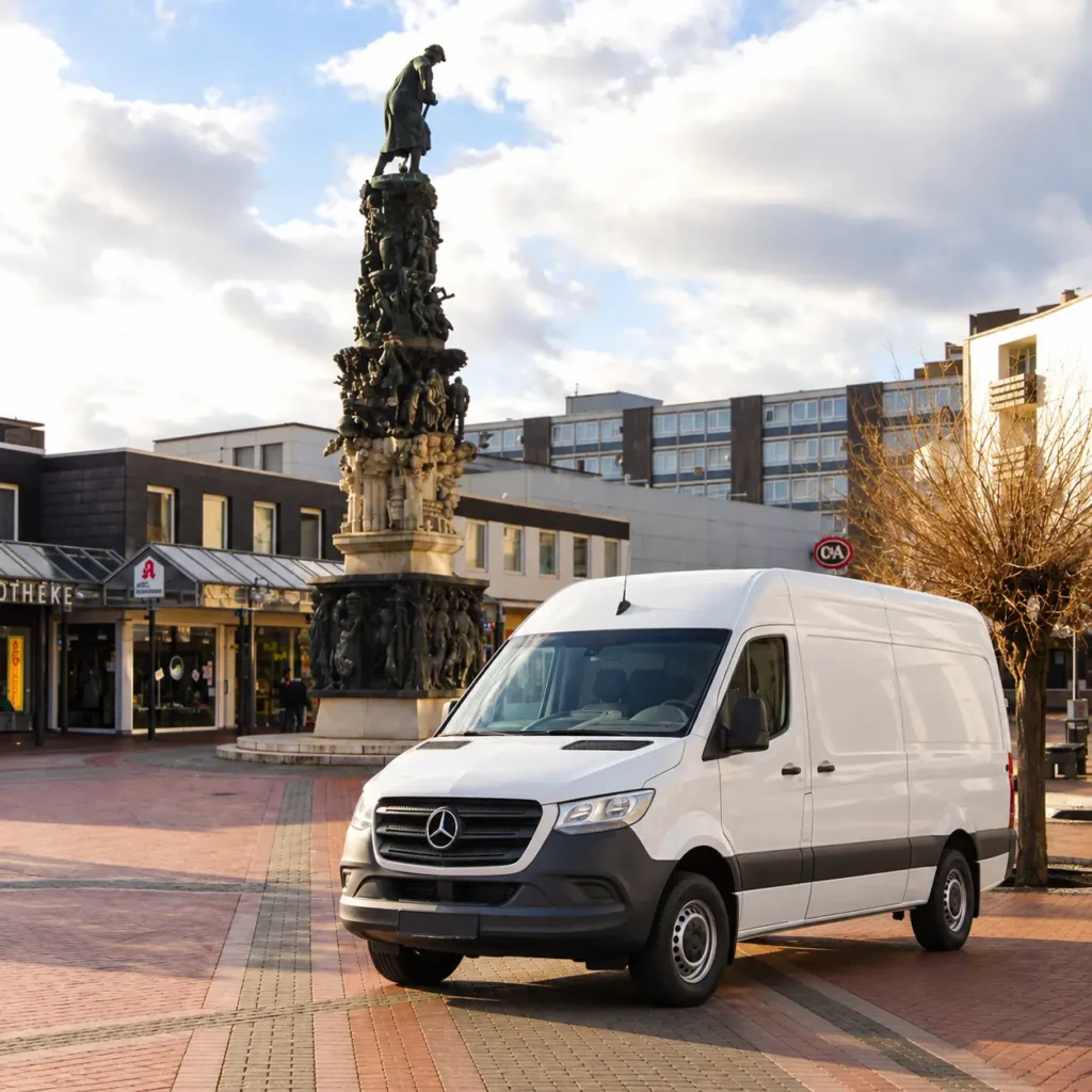 Weißer Transporter für Entrümpelung am Stadtmonument in Salzgitter