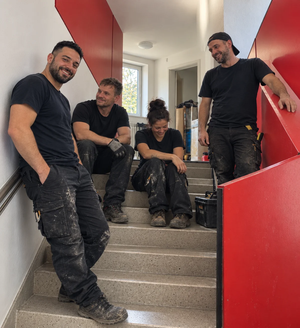 Entrümpelungsteam in Braunschweig bei einer kurzen Arbeitspause im Treppenhaus