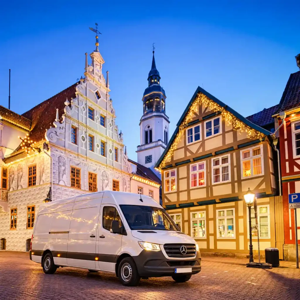 Weißer Transporter für Entrümpelung vor historischen Fachwerkhäusern in Celle