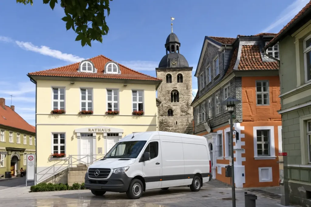 Weißer Transporter für Entrümpelung vor dem Rathaus in Königslutter