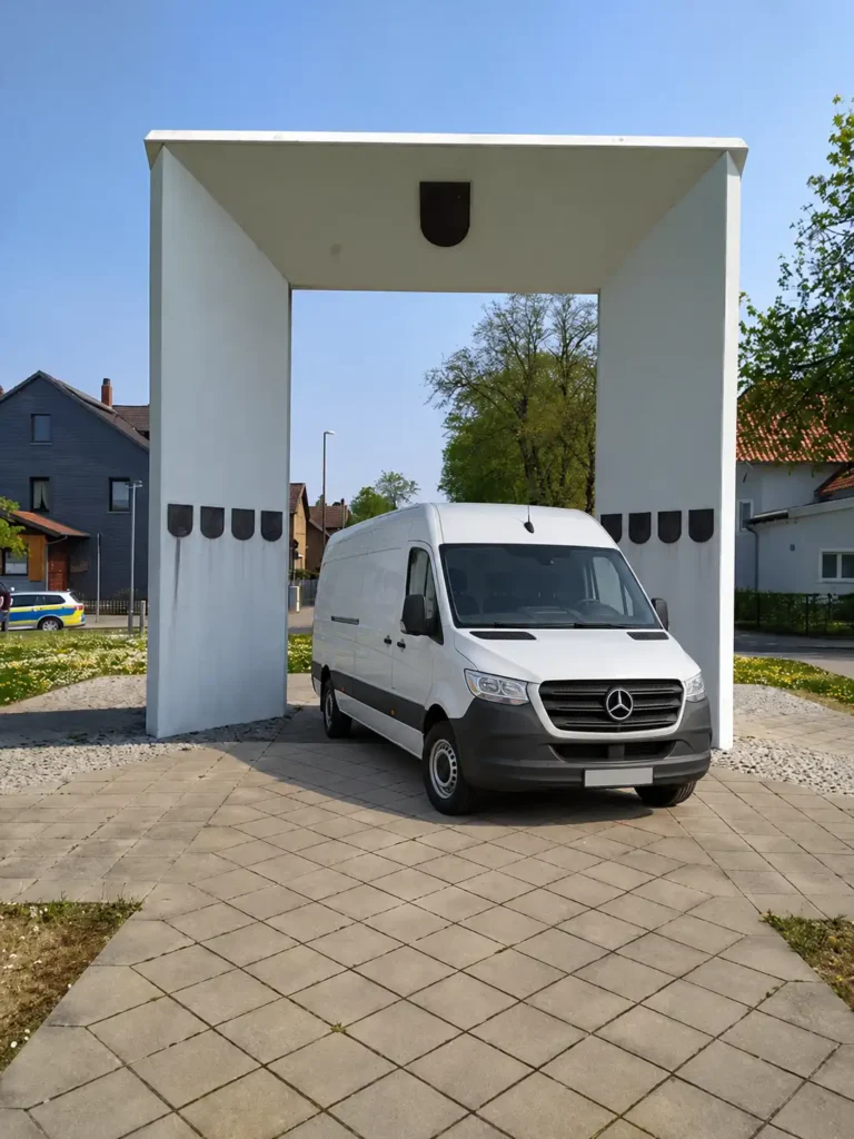 Weißer Transporter für Entrümpelung vor dem weißen Stadttor in Vechelde