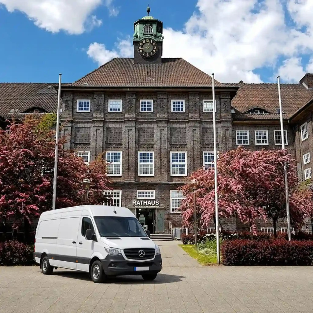 Weißer Transporter für Entrümpelung vor dem Rathaus in Lehrte