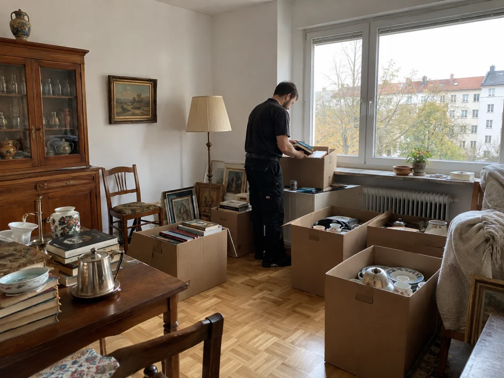 Mitarbeiter bei einer Nachlassräumung in Braunschweig mit Kartons, Möbeln und Haushaltsgegenständen